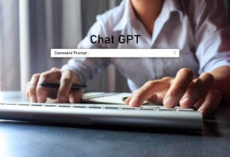 A person's hands typing on a keyboard, with a "Chat GPT" interface and a "Command Prompt" input field displayed above.