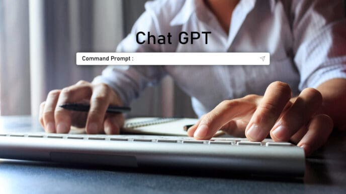 A person's hands typing on a keyboard, with a "Chat GPT" interface and a "Command Prompt" input field displayed above.