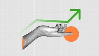 A stylized illustration of a hand offering an orange circle, with a green upward-trending arrow rising above it on a grid background, symbolizing high-growth investing.