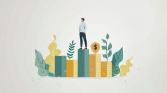 An illustration of a man standing on top of rising financial bars (coins/assets), surrounded by growing plants and a shield with a dollar sign, symbolizing financial growth and security.