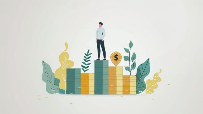 An illustration of a man standing on top of rising financial bars (coins/assets), surrounded by growing plants and a shield with a dollar sign, symbolizing financial growth and security.