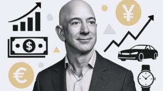 A black and white portrait of Jeff Bezos looking to the side with a slight smile, surrounded by graphic icons representing money (dollar, Euro, Yen), business growth charts, a car, and a watch.