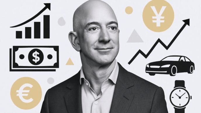 A black and white portrait of Jeff Bezos looking to the side with a slight smile, surrounded by graphic icons representing money (dollar, Euro, Yen), business growth charts, a car, and a watch.