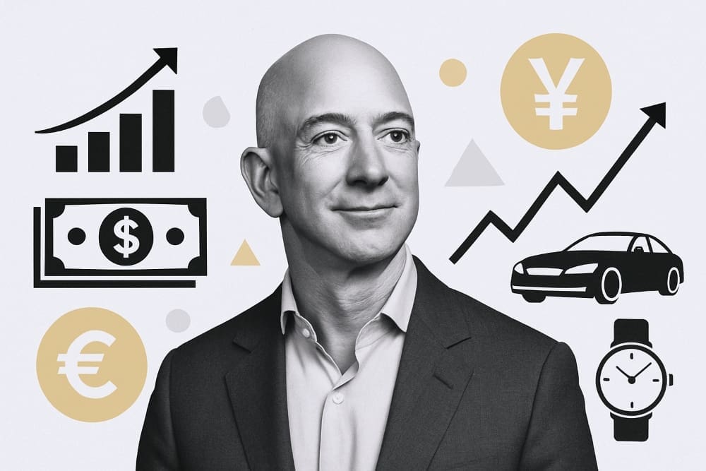 A black and white portrait of Jeff Bezos looking to the side with a slight smile, surrounded by graphic icons representing money (dollar, Euro, Yen), business growth charts, a car, and a watch.