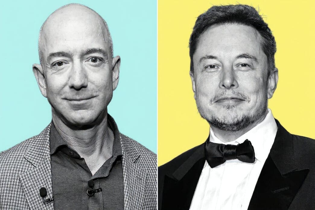 Two side-by-side black and white portraits of Jeff Bezos (left, on a light blue background) and Elon Musk (right, on a yellow background).
