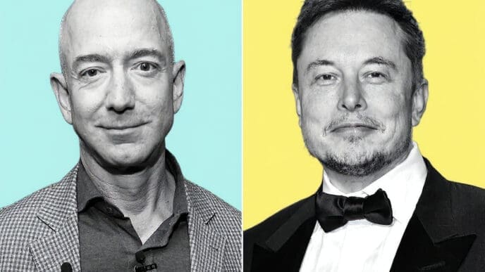 Two side-by-side black and white portraits of Jeff Bezos (left, on a light blue background) and Elon Musk (right, on a yellow background).
