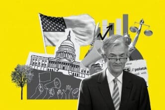 A black and white image of Jerome Powell in a suit, overlaid on a bright yellow background collage featuring various monochrome political and economic symbols like the US Capitol, an American flag, charts, scales of justice, and a megaphone with protesting hands.