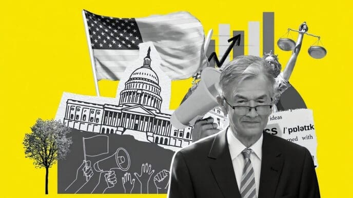 A black and white image of Jerome Powell in a suit, overlaid on a bright yellow background collage featuring various monochrome political and economic symbols like the US Capitol, an American flag, charts, scales of justice, and a megaphone with protesting hands.