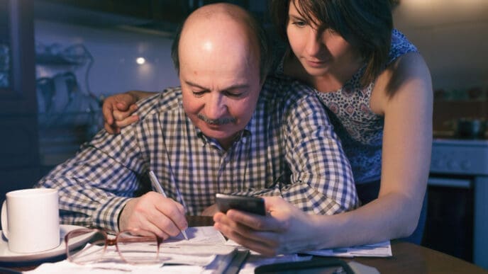 A concerned couple reviewing documents and a smartphone, appearing to manage finances.