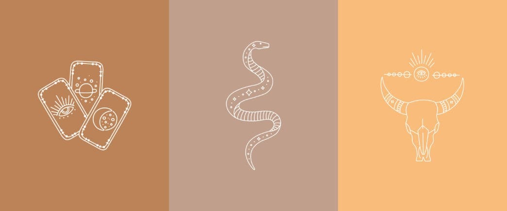 Three simple line art illustrations on a triptych of solid colored backgrounds: tarot-like cards with celestial symbols, a stylized snake, and a bull skull with mystical symbols above it.