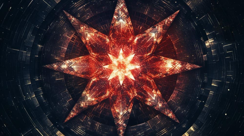 A vibrant, glowing eight-pointed star in shades of red and orange, surrounded by intricate dark geometric patterns.