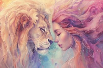 A dreamy illustration of a lion and a woman with flowing, colorful hair touching foreheads, representing a harmonious connection.