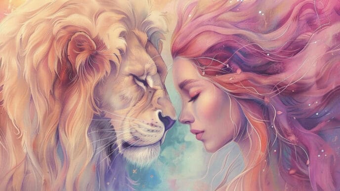 A dreamy illustration of a lion and a woman with flowing, colorful hair touching foreheads, representing a harmonious connection.