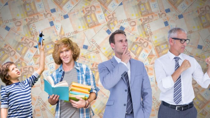 A collage showing four stages of a man's life (child, student, young professional, senior businessman) against a background of Euro banknotes.
