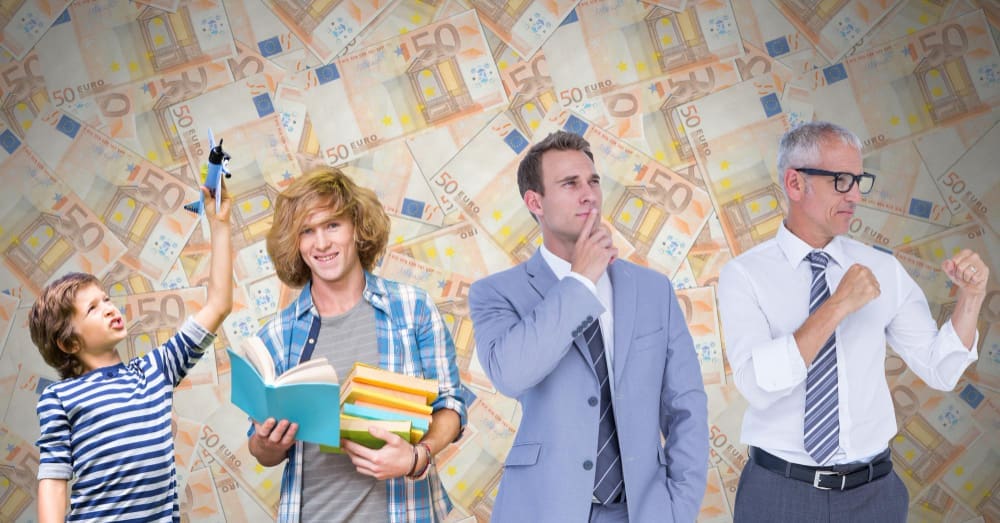 A collage showing four stages of a man's life (child, student, young professional, senior businessman) against a background of Euro banknotes.