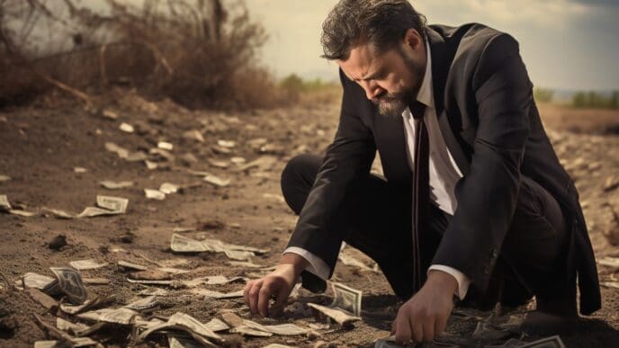 A distraught man in a suit crouching on the ground, picking up scattered money in a barren landscape, symbolizing financial ruin.