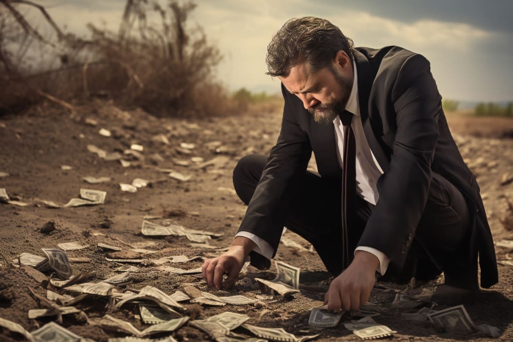 A distraught man in a suit crouching on the ground, picking up scattered money in a barren landscape, symbolizing financial ruin.