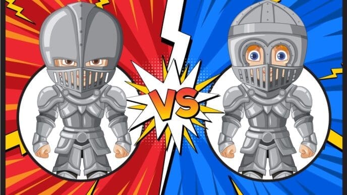 A cartoon illustration of two knights in armor, one on a red background and one on blue, facing off with a "VS" in the middle, surrounded by lightning bolts.