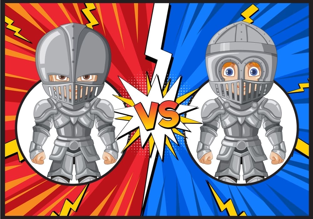 A cartoon illustration of two knights in armor, one on a red background and one on blue, facing off with a "VS" in the middle, surrounded by lightning bolts.