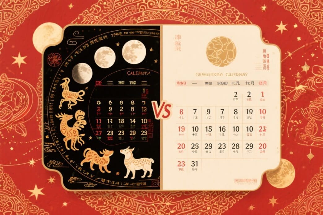 An illustration comparing a dark, ornate lunar calendar with Chinese zodiac animals to a light-colored Gregorian calendar, with "VS" in between.