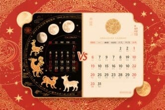 An illustration comparing a dark, ornate lunar calendar with Chinese zodiac animals to a light-colored Gregorian calendar, with "VS" in between.