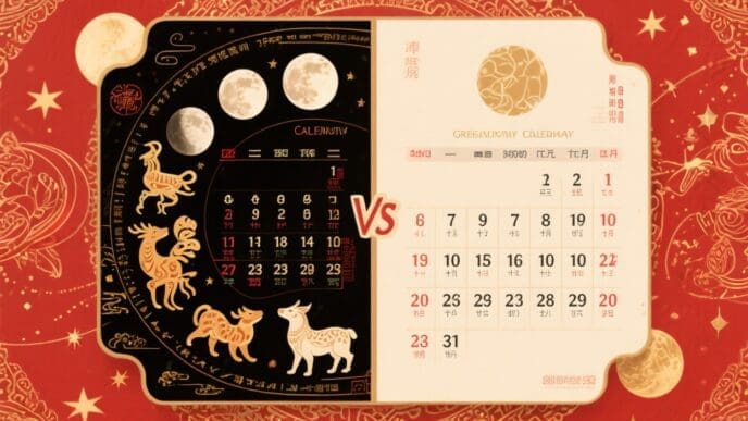 An illustration comparing a dark, ornate lunar calendar with Chinese zodiac animals to a light-colored Gregorian calendar, with "VS" in between.