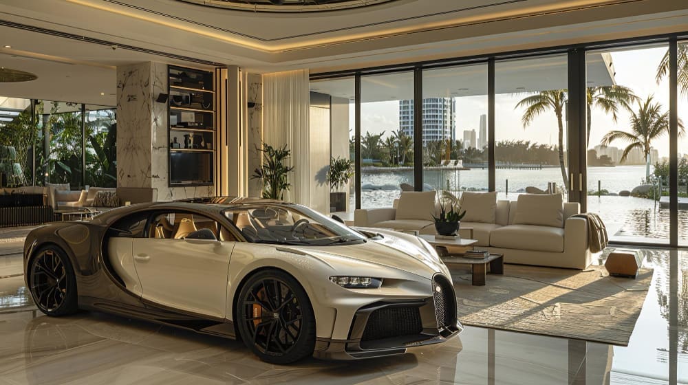 A luxurious Bugatti Chiron supercar parked in a modern, elegant living room with floor-to-ceiling windows overlooking a waterfront cityscape.
