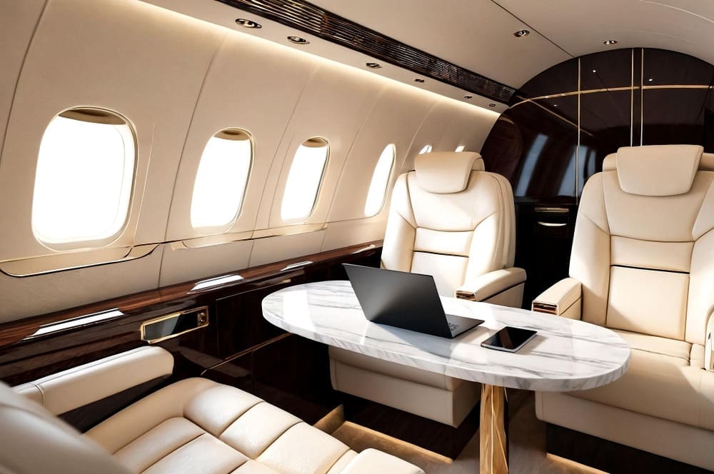 The luxurious interior of a private jet with plush leather seats, a marble table, and a laptop, symbolizing high-end travel.