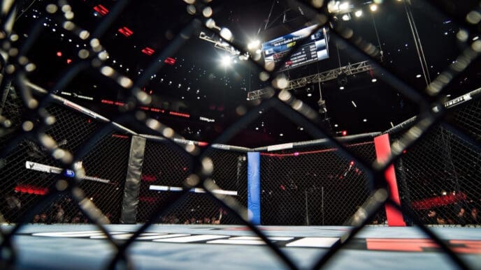 A low-angle view from inside an empty mixed martial arts (MMA) octagon, looking out through the chain-link fence towards bright arena lights and a jumbotron displaying fight information.