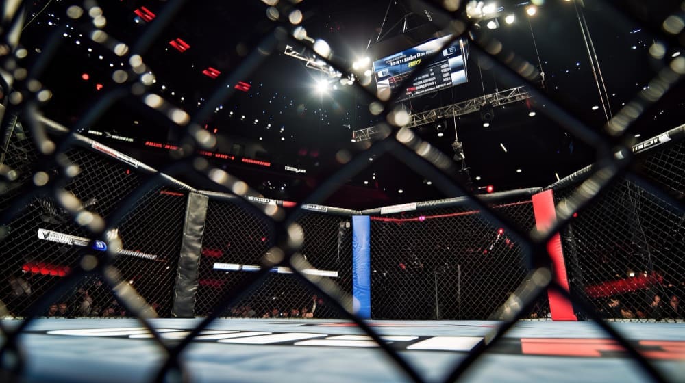A low-angle view from inside an empty mixed martial arts (MMA) octagon, looking out through the chain-link fence towards bright arena lights and a jumbotron displaying fight information.