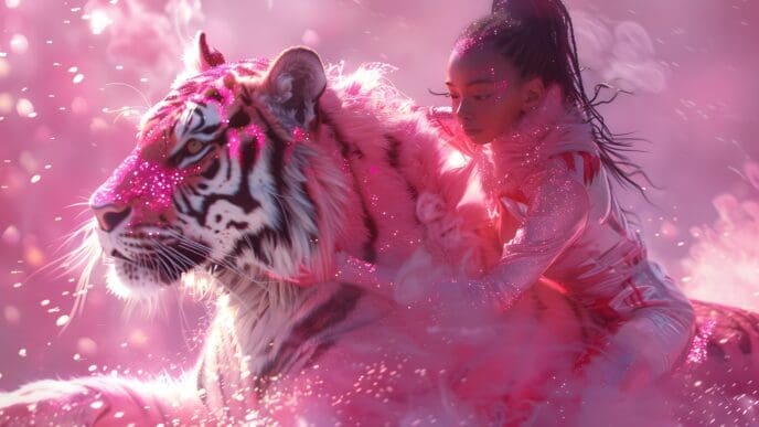 A fantastical image of a young girl with pink sparkly makeup riding on the back of a majestic pink tiger covered in glitter, amidst a pink, dreamlike setting.