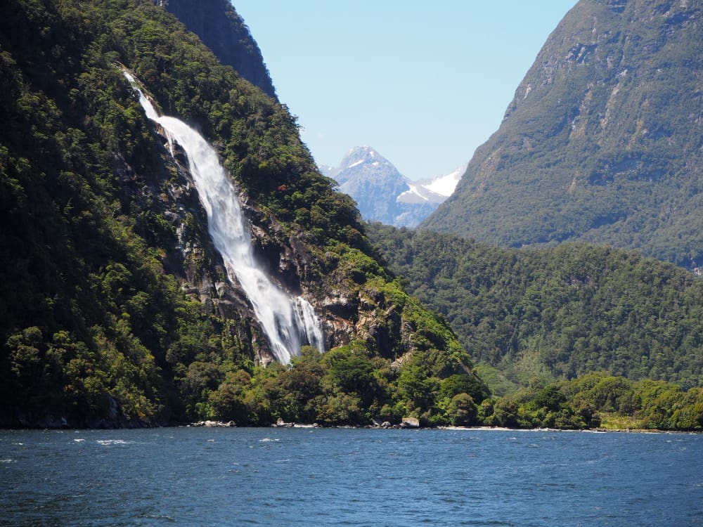 A powerful waterfall cascades down a steep, forested mountain into a dark blue body of water, with another forested mountain and distant snow-capped peaks under a clear blue sky, within Fiordland National Park.