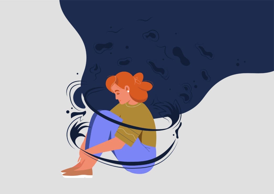 Illustration of a sad or anxious woman huddled with dark, swirling thoughts above her.