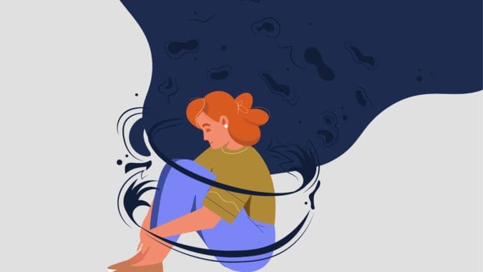 Illustration of a sad or anxious woman huddled with dark, swirling thoughts above her.
