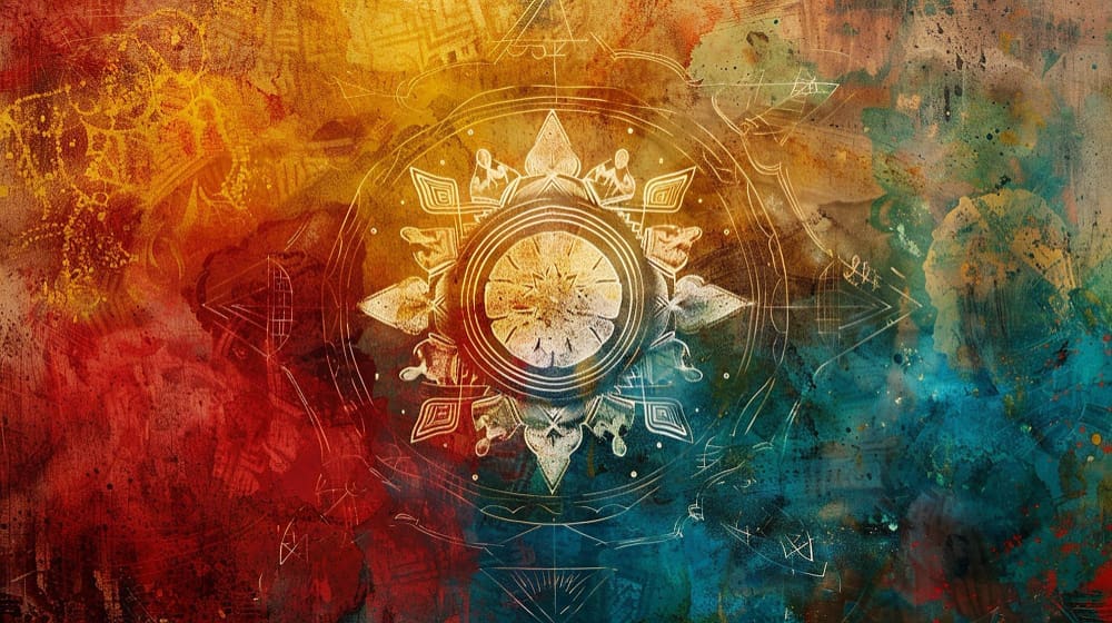 An intricate white and gold mandala or spiritual symbol at the center of a richly textured background, featuring vibrant splashes of red, orange, yellow, and blue, evoking a cosmic or mystical theme.