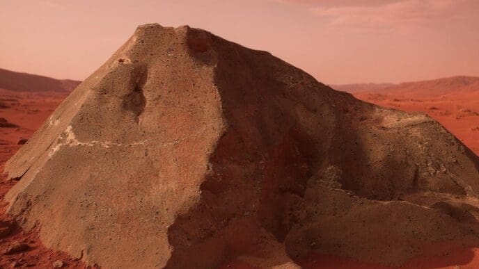 A large, reddish-brown, angular rock, identified as the Martian meteorite NWA 16788, rests on a desolate, red-hued planetary landscape under a hazy sky.