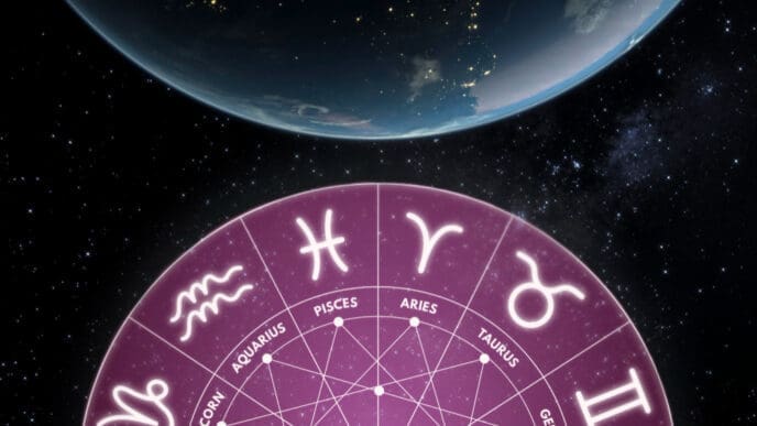 A vibrant purple astrological chart with zodiac symbols and names, illuminated by a central glow, positioned beneath a curved view of Earth from space, with city lights visible on its night side, all against a starry background.