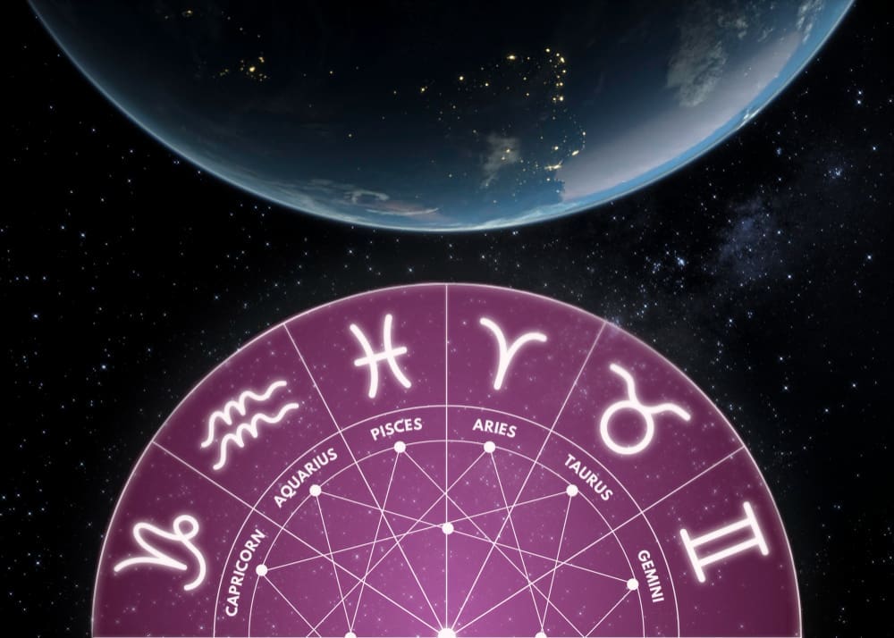 A vibrant purple astrological chart with zodiac symbols and names, illuminated by a central glow, positioned beneath a curved view of Earth from space, with city lights visible on its night side, all against a starry background.