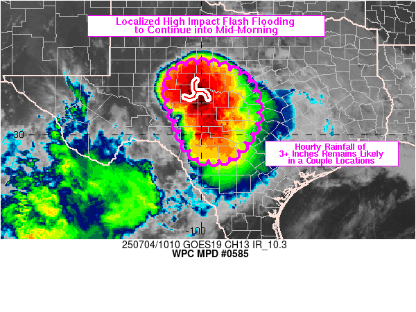 A conceptual image of Mesoscale Precipitation Discussion #0585, a weather prediction map showing areas of heavy rainfall or potential flooding in Texas, issued by the Weather Prediction Center.