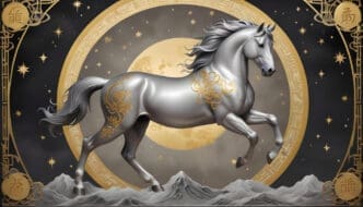An ornate silver horse with golden patterns on its body, in a dynamic pose, set against a dark, starry, cosmic background with a large golden moon and golden Chinese zodiac symbols in a circular design.