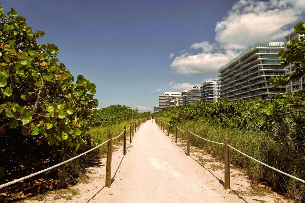 A sandy pathway, bordered by ropes and green vegetation, leading towards modern high-rise buildings and the beach in Miami.