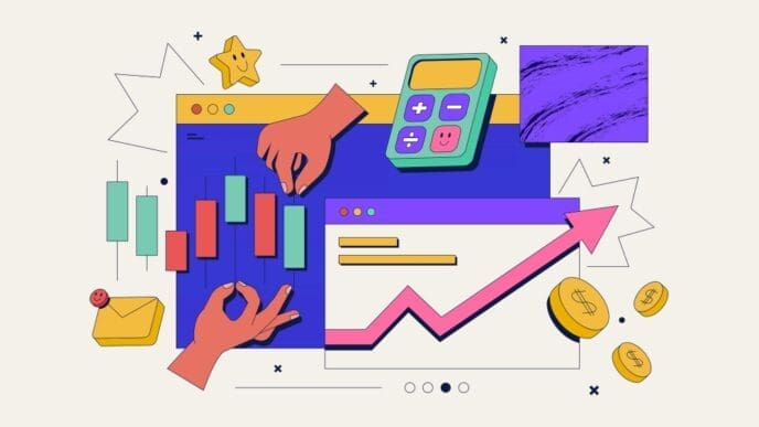 A colorful flat-line illustration depicting financial concepts: hands interacting with a stock chart, a calculator, rising arrow graph, dollar coins, email, and a smiling star.
