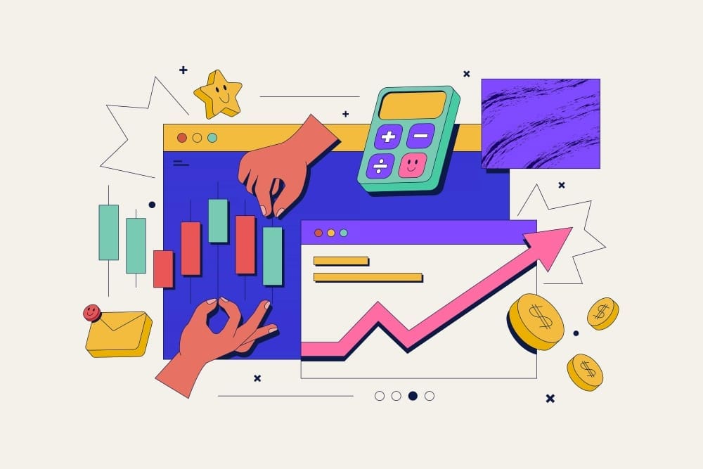 A colorful flat-line illustration depicting financial concepts: hands interacting with a stock chart, a calculator, rising arrow graph, dollar coins, email, and a smiling star.