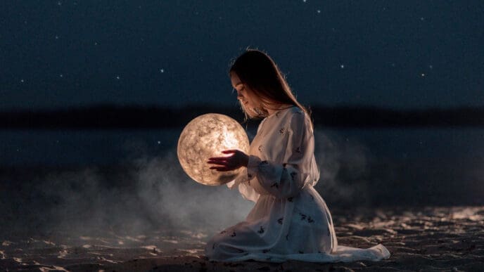 A young woman in a white dress kneels on a dark sandy surface at night, gently holding a glowing, textured sphere resembling the moon, with faint stars in the dark sky and a blurred body of water in the background.