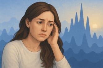 Illustration of a pensive woman with her hand to her head, against a background of jagged blue peaks and a rising sun, symbolizing anxiety.