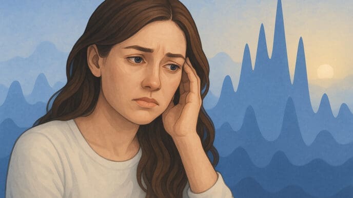 Illustration of a pensive woman with her hand to her head, against a background of jagged blue peaks and a rising sun, symbolizing anxiety.