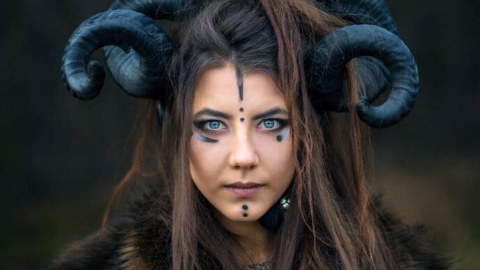 Close-up portrait of a serious woman with dramatic eye makeup, painted face markings, and large black ram horns.