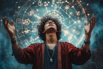 A person with curly hair, wearing a red robe and necklaces, stands with arms outstretched and head tilted upwards, against a dark, cosmic background featuring a glowing astrological chart with zodiac symbols.