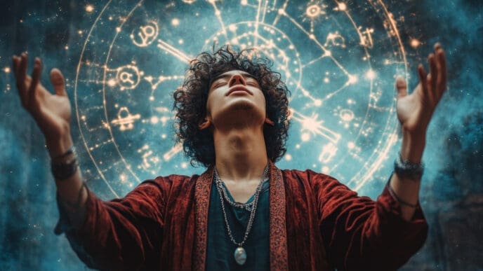 A person with curly hair, wearing a red robe and necklaces, stands with arms outstretched and head tilted upwards, against a dark, cosmic background featuring a glowing astrological chart with zodiac symbols.