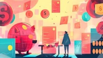 A digital illustration of a man standing amidst financial documents, floating coins, and a large piggy bank, all in red, pink, and teal hues, symbolizing the fintech market.